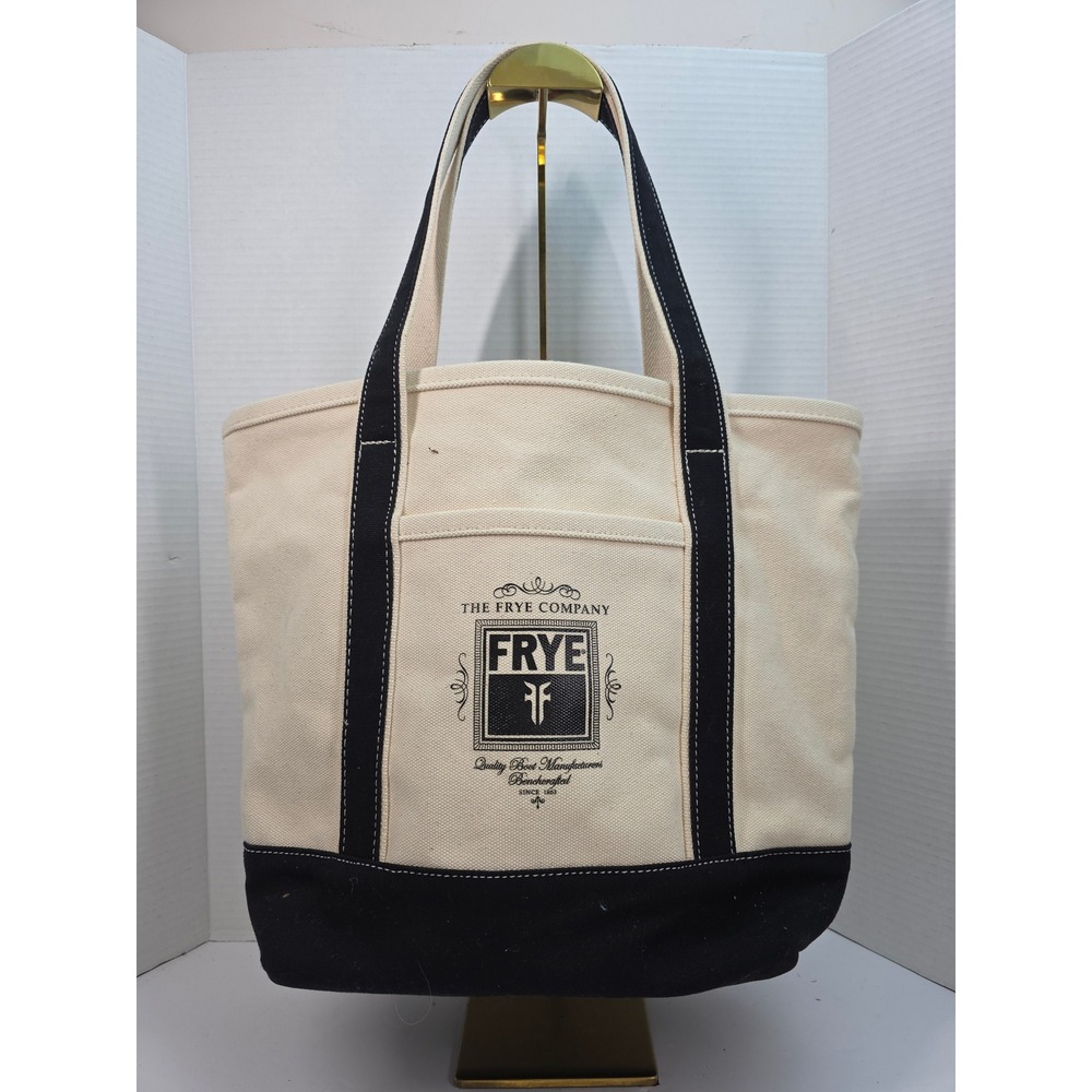 Frye Company Canvas Tote Bag‎ Cream Black Logo Graphic Large Travel Market Bag